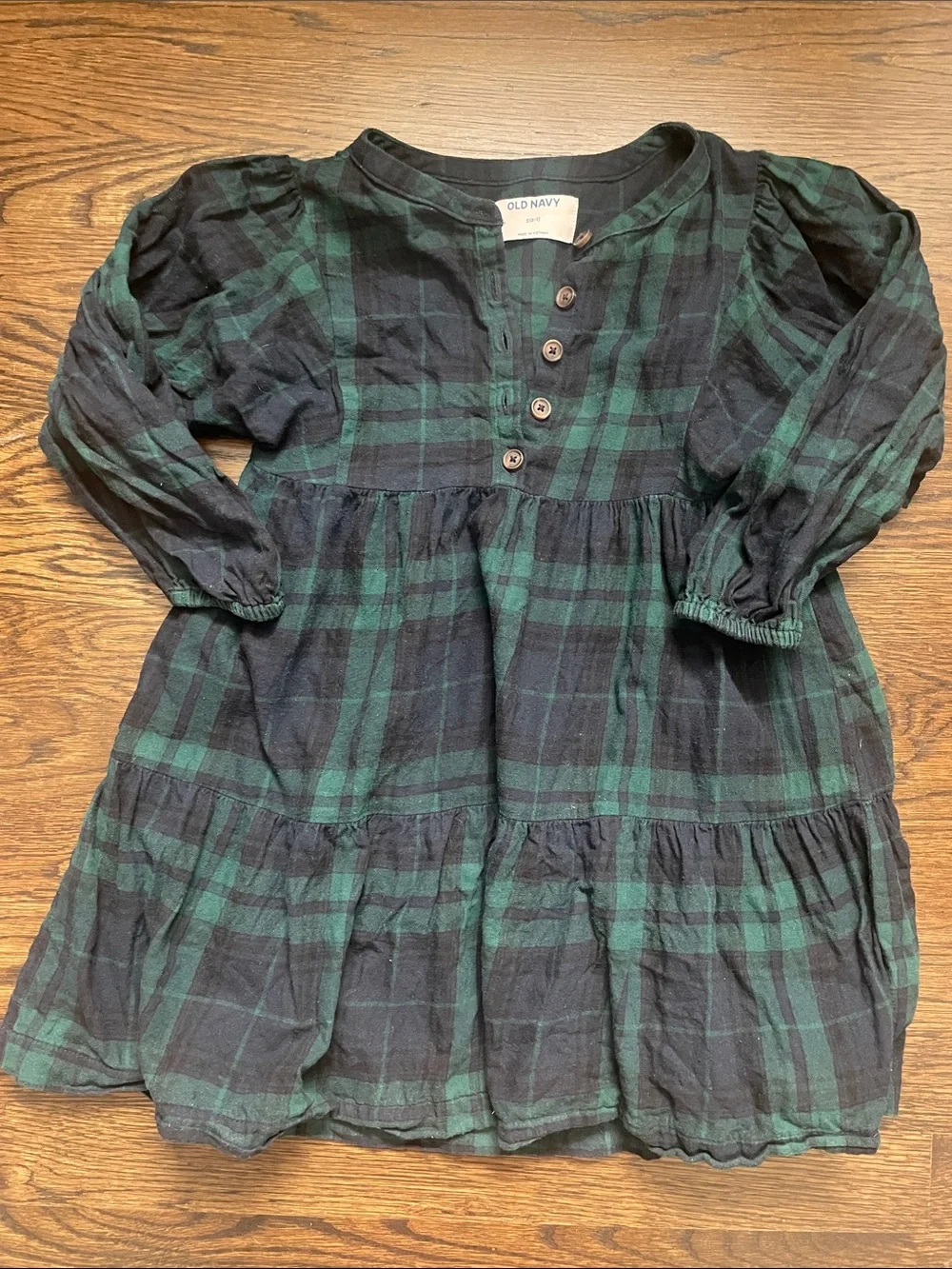Old Navy Navy, Black & Green Plaid Tiered Flannel Button-Front Dress